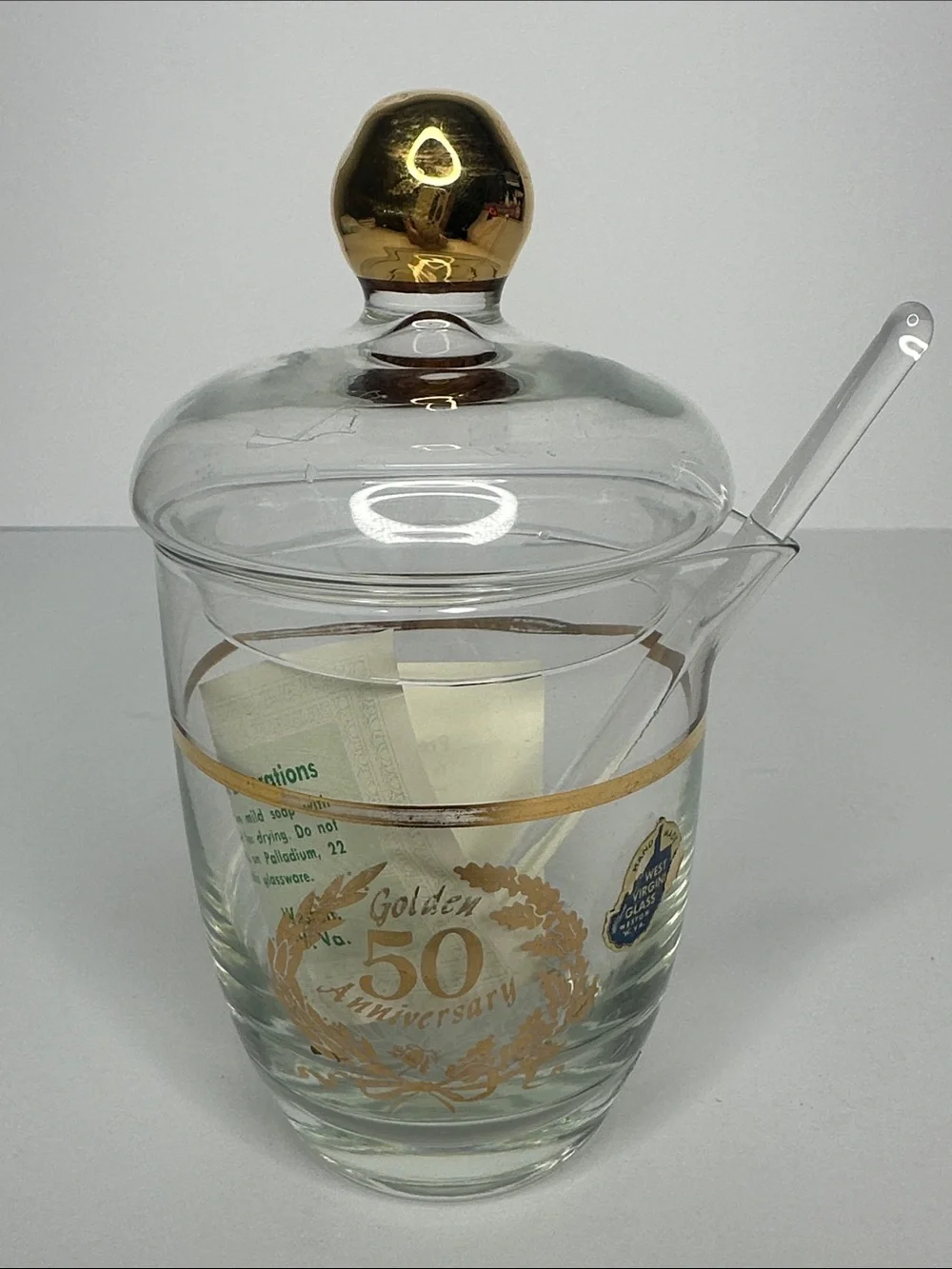 Vintage Gold-Accented Clear Glass Candy Jar with Spoon